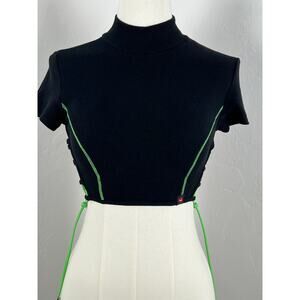 ALICE's LIPS Black Crop Ribbed Top w/Neon Green Laced Cording (Womens: XS)